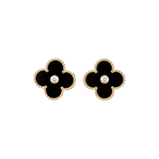 [NOBLE AURA]CLOVER MEDIUM 1 MOTIFS ONYX DIAMOND EARRINGS