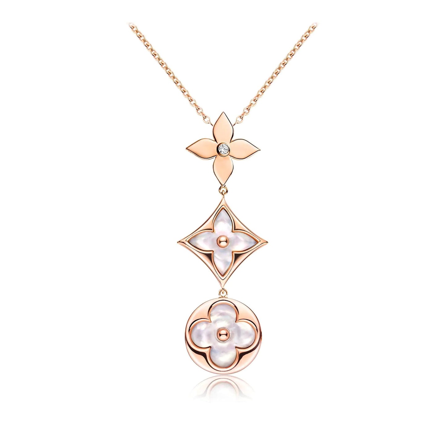 [NOBLE AURA]COLOR BLOSSOM LARIAT NECKLACE PINK GOLD WHITE MOTHER PEARL AND DIAMOND