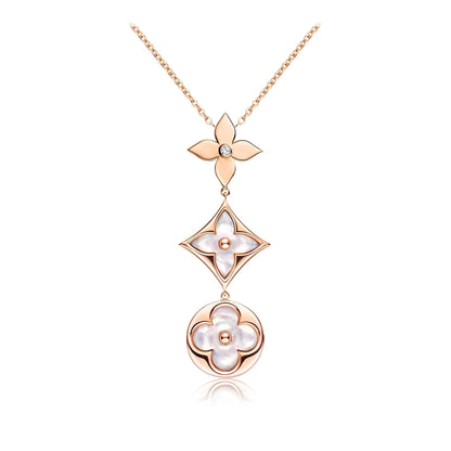 [NOBLE AURA]COLOR BLOSSOM LARIAT NECKLACE PINK GOLD WHITE MOTHER PEARL AND DIAMOND