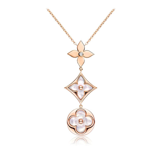 [NOBLE AURA]COLOR BLOSSOM LARIAT NECKLACE PINK GOLD WHITE MOTHER PEARL AND DIAMOND