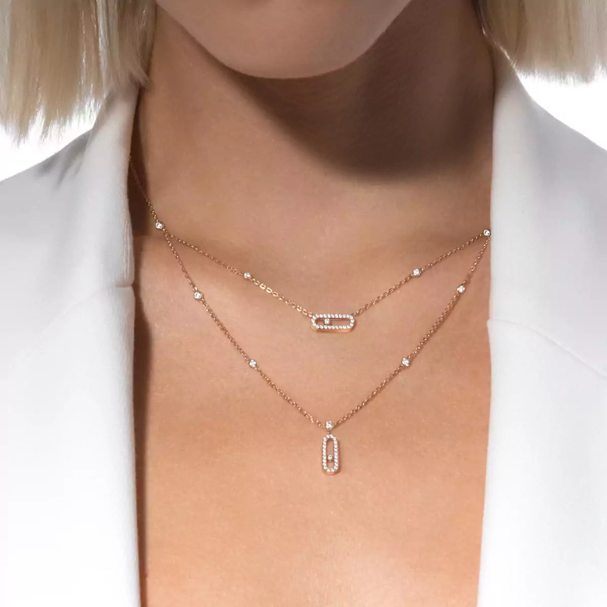 [NOBLE AURA]2 Rows Rose Gold Diamond Pave_ Necklace Move Uno