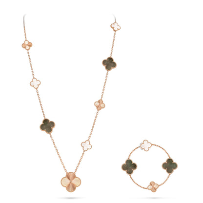 [NOBLE AURA]DETACHABLE CLOVER 15(11+4) FLOWER ROSE GOLD NECKLACE SET
