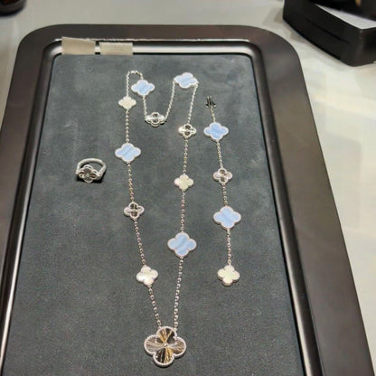 [NOBLE AURA]DETACHABLE CLOVER 15(11+4) FLOWER SILVER NECKLACE SET