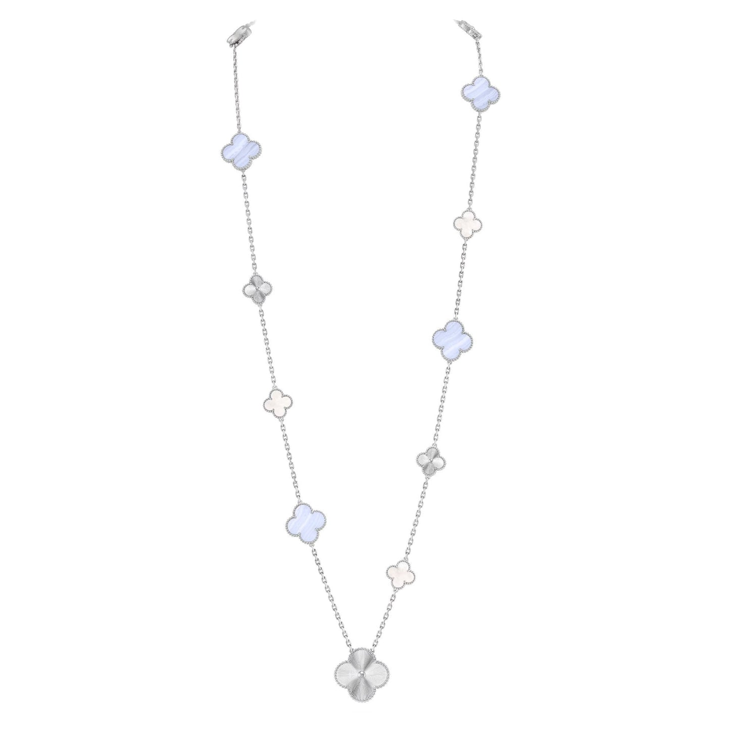 [NOBLE AURA]DETACHABLE CLOVER 15(11+4) FLOWER SILVER NECKLACE SET