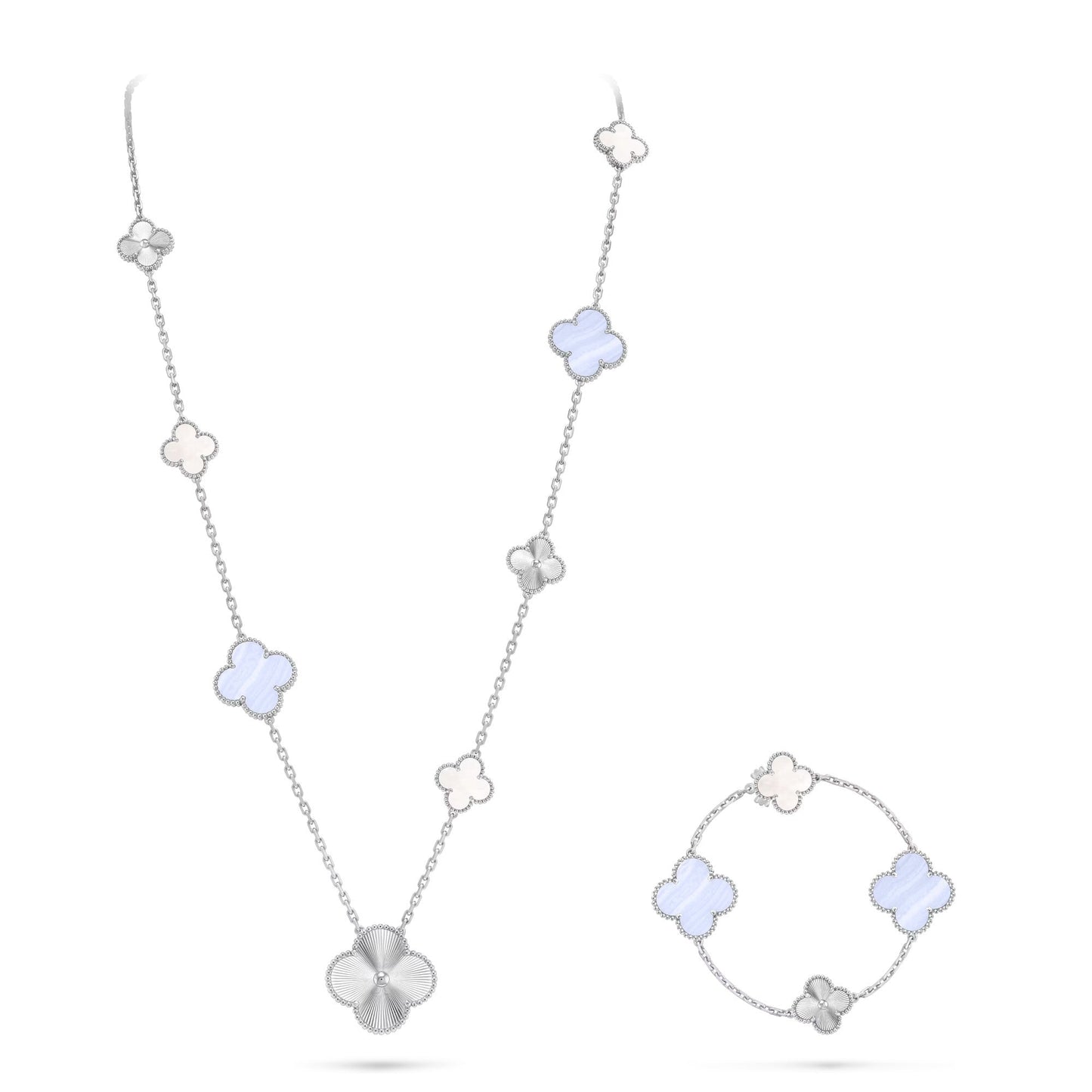 [NOBLE AURA]DETACHABLE CLOVER 15(11+4) FLOWER SILVER NECKLACE SET