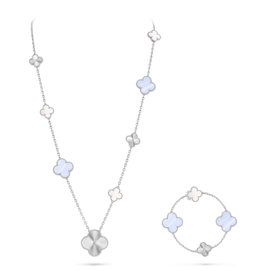 [NOBLE AURA]DETACHABLE CLOVER 15(11+4) FLOWER SILVER NECKLACE SET