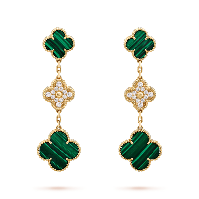 [NOBLE AURA]CLOVER EARRINGS GOLD MALACHITE DIAMOND 3 MOTIF