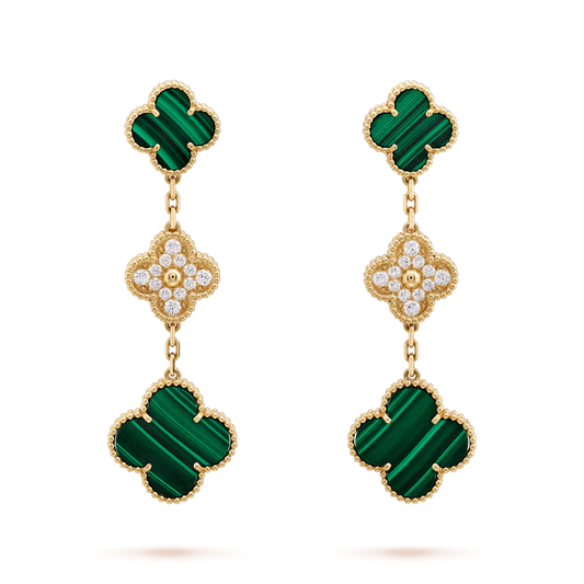 [NOBLE AURA]CLOVER EARRINGS GOLD MALACHITE DIAMOND 3 MOTIF