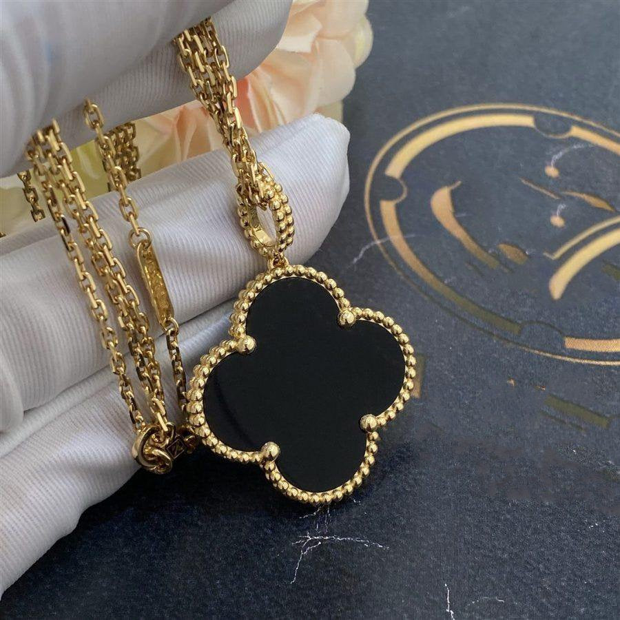 [NOBLE AURA]CLOVER 25MM GOLD ONYX BIG CLOVER NECKLACE