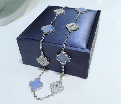 [NOBLE AURA]CLOVER 10 MOTIFS CHALCEDONY DIAMONDS SILVER NECKLACE
