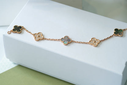 [NOBLE AURA]CLOVER 5 MOTIFS DARK MOP AND DIAMONDS PINK GOLD BRACELET